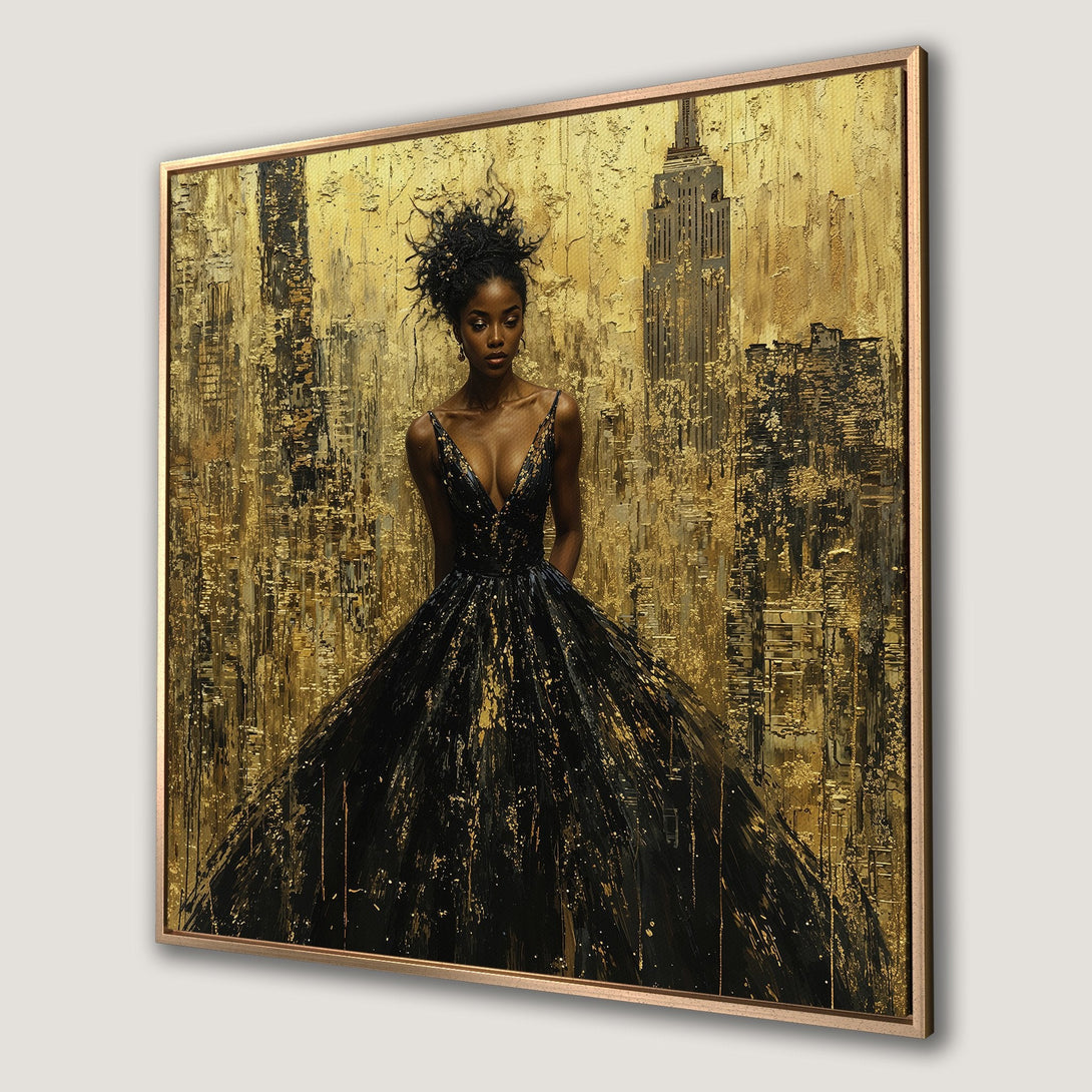 Framed Wall Art: Elegant woman in black dress against gold cityscape. Abstract style, luxurious gold and black color palette. Elevate your space with this stunning art.