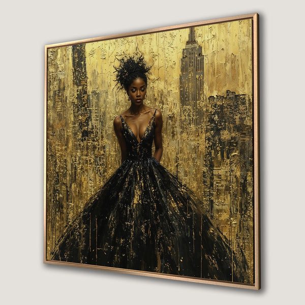 Framed Wall Art: Elegant woman in black dress against gold cityscape. Abstract style, luxurious gold and black color palette. Elevate your space with this stunning art.