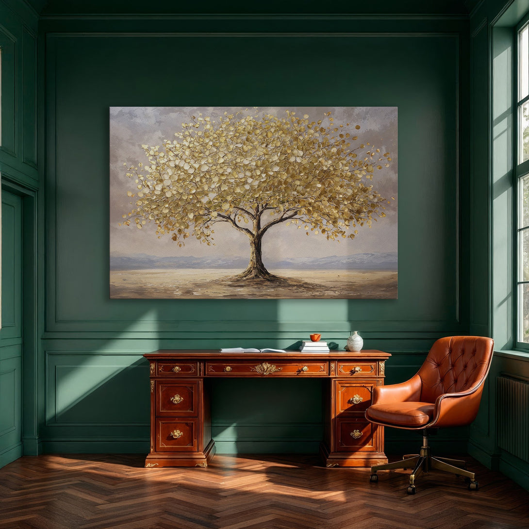 Framed Wall Art: Golden tree painting in a dining room. Neutral color palette, elegant decor. Enhance your space with this stunning canvas print.