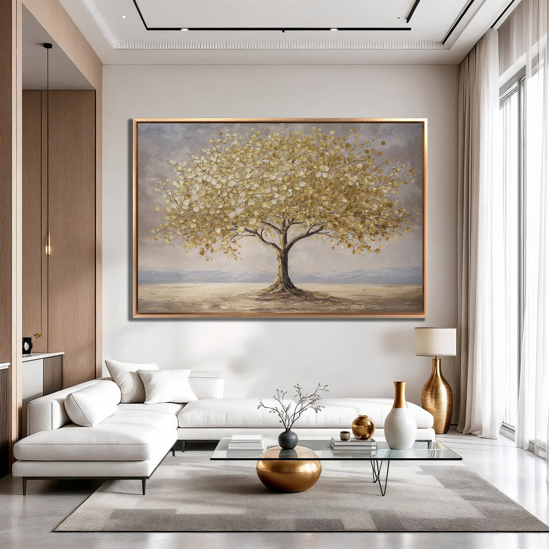 Framed Wall Art featuring a golden tree painting. Modern, neutral color palette with gold and beige tones. Perfect for adding elegance to any space.