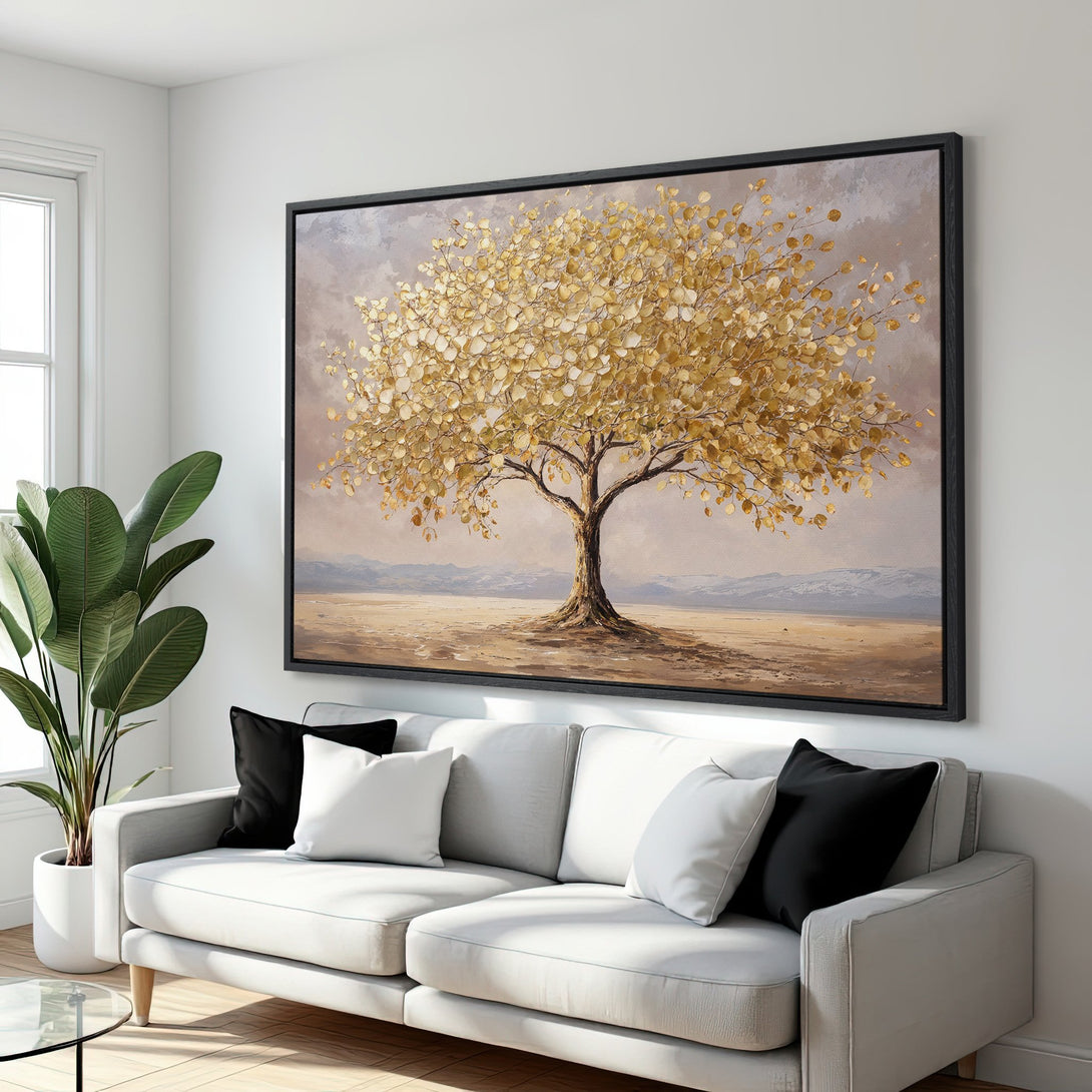 Framed Wall Art featuring a golden tree painting. Neutral color palette with a touch of elegance. Perfect for living room decor.