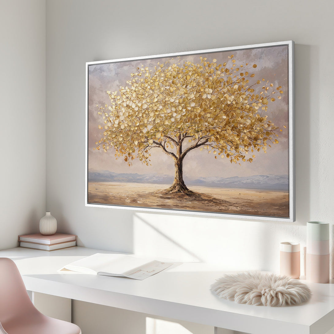 Framed Wall Art of a golden tree in a neutral color palette. Enhance your space with this stunning canvas print!