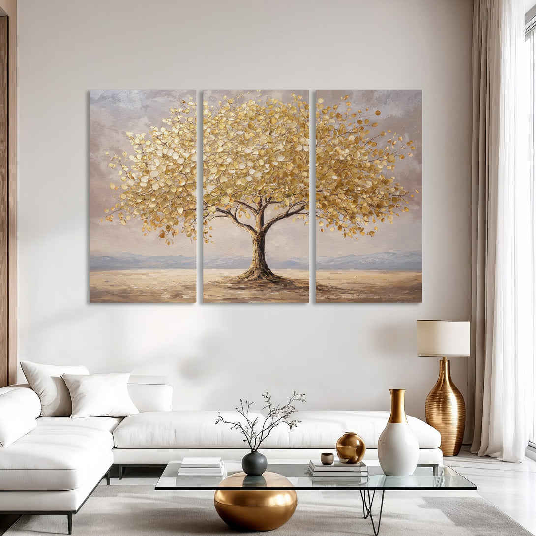Stunning Canvas Print of a golden tree in a modern interior. Warm neutral color palette, perfect for adding elegance to your home decor.