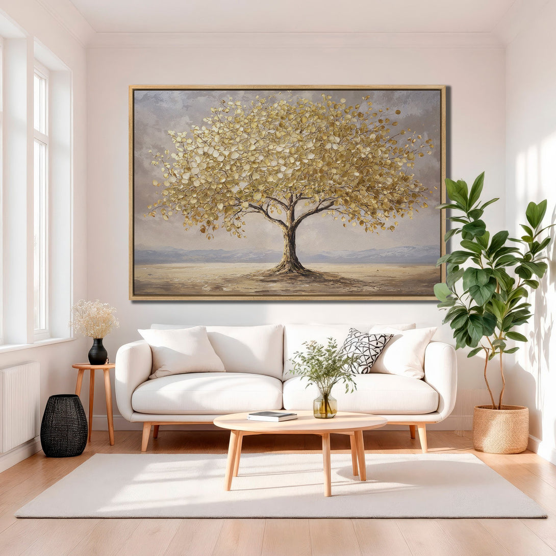 Framed Wall Art of a golden tree painting in a modern interior. Earthy tones and a neutral palette create a calming aesthetic.