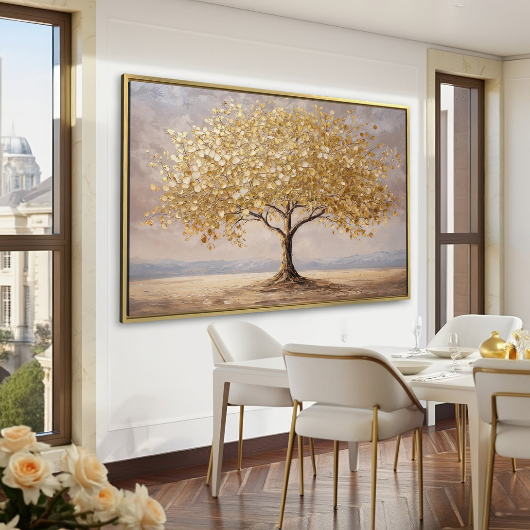 Canvas Print of a golden tree in a serene landscape. Earthy tones and elegant style create a calming interior aesthetic.