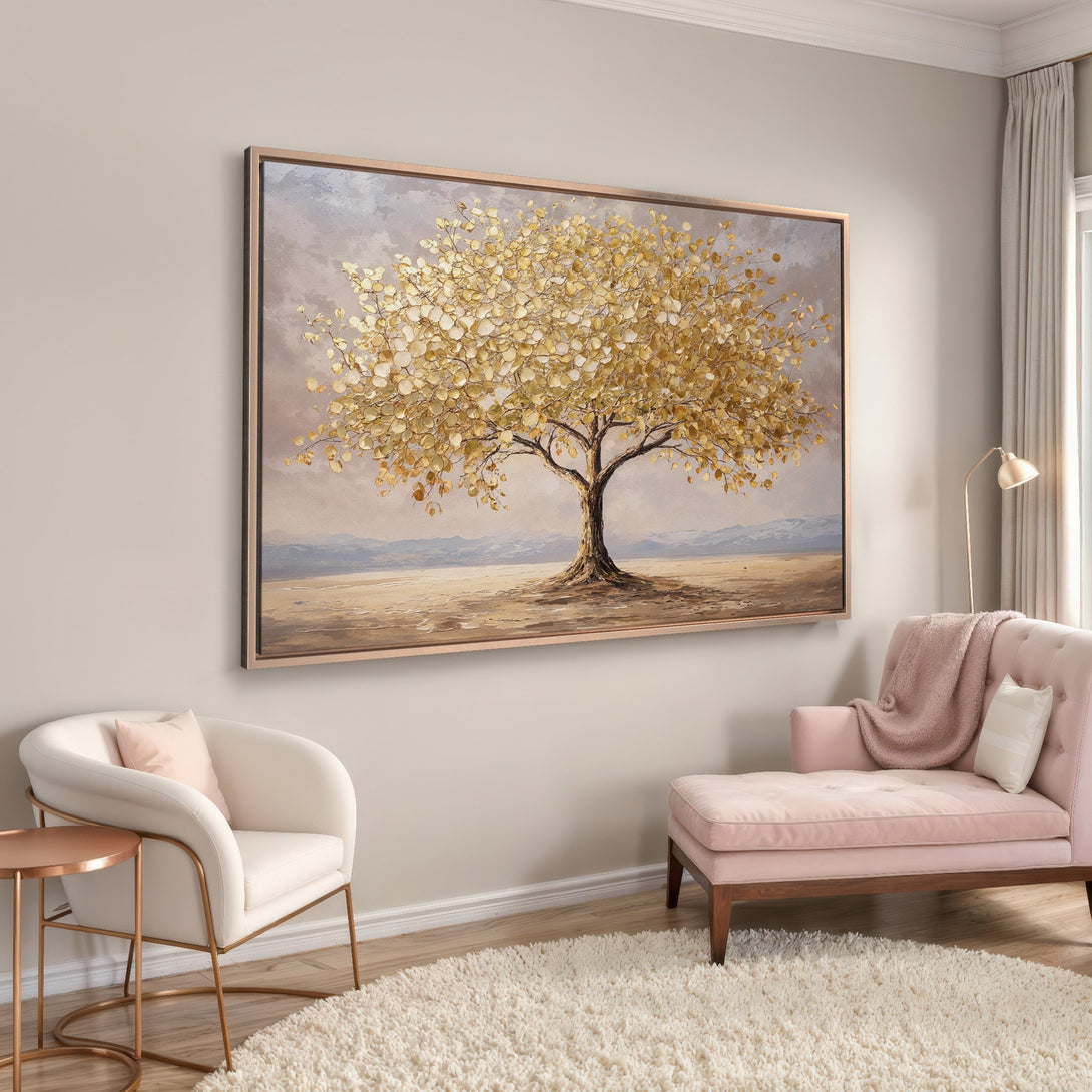 Framed Wall Art: Golden tree canvas print in a neutral interior. Warm, inviting color palette with gold, beige, and soft pink accents. Perfect for home decor.