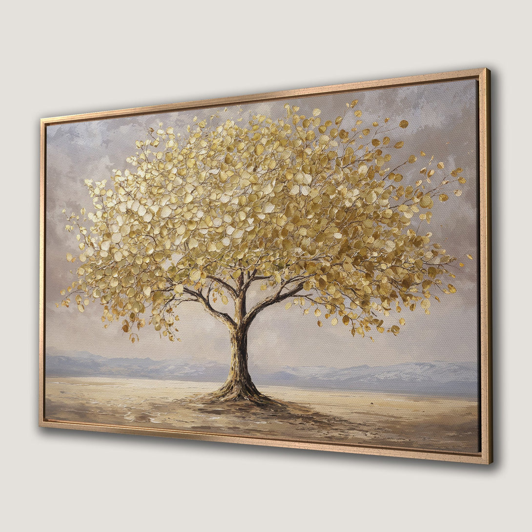 Framed Wall Art: Golden tree painting with textured leaves. Earth-toned color palette adds warmth to any space. Elevate your decor with this stunning canvas print.