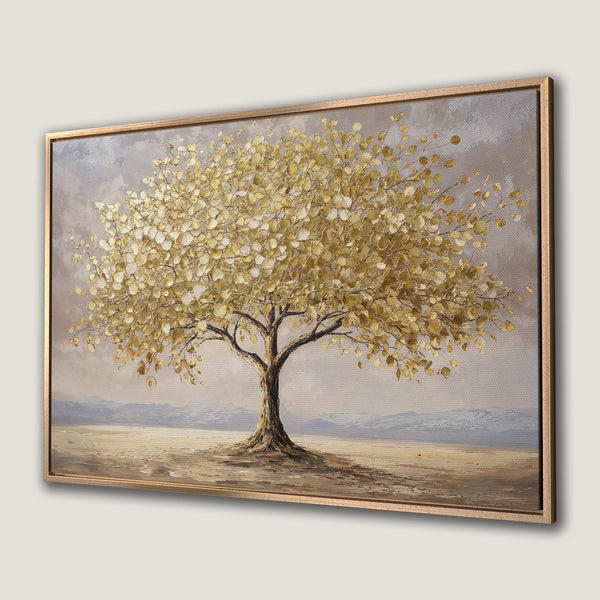 Framed Wall Art: Golden tree painting with textured leaves. Earth-toned color palette adds warmth to any space. Elevate your decor with this stunning canvas print.