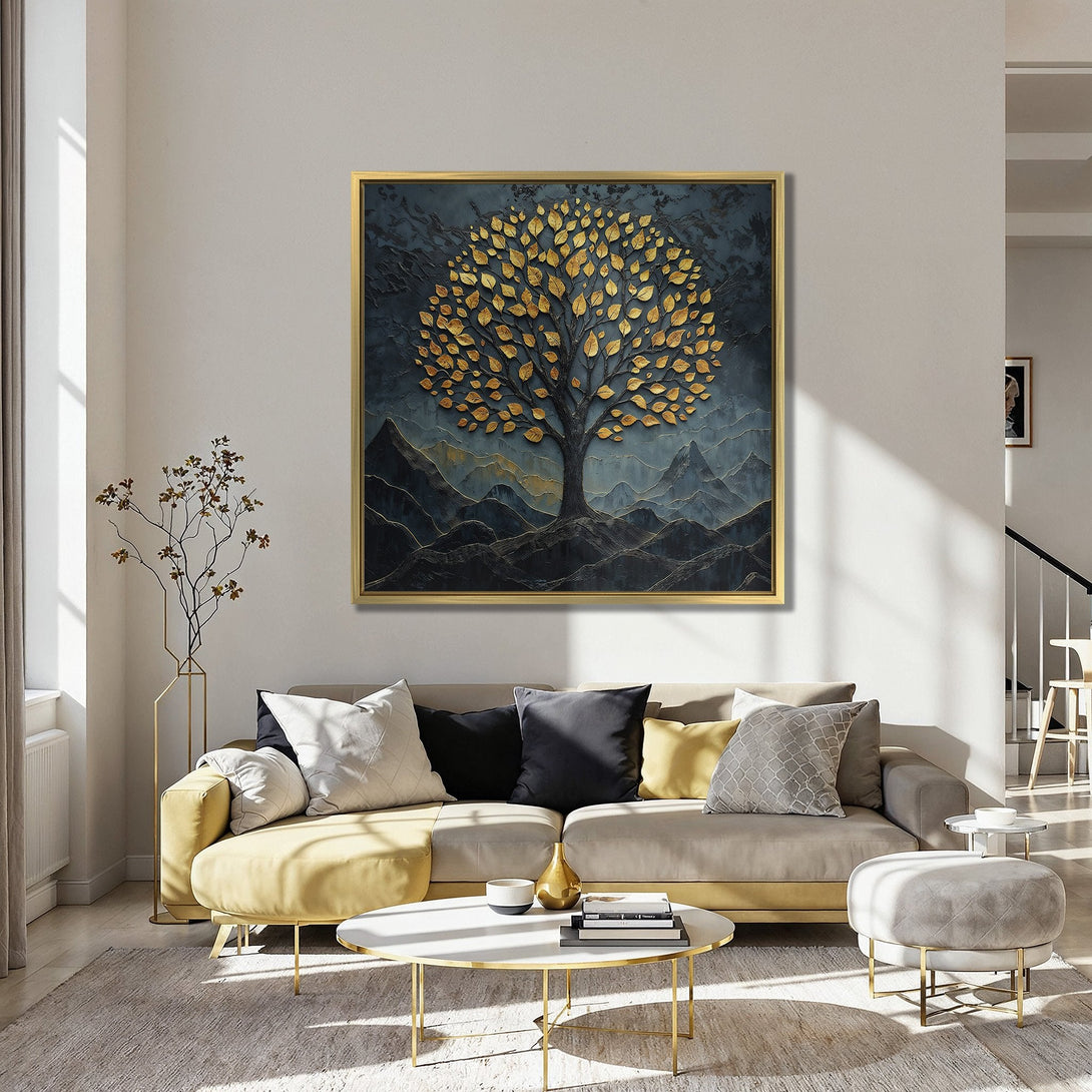 Canvas Print of a golden tree against a dark, textured background. Modern wall art in a moody, elegant style with a gold and teal color palette.