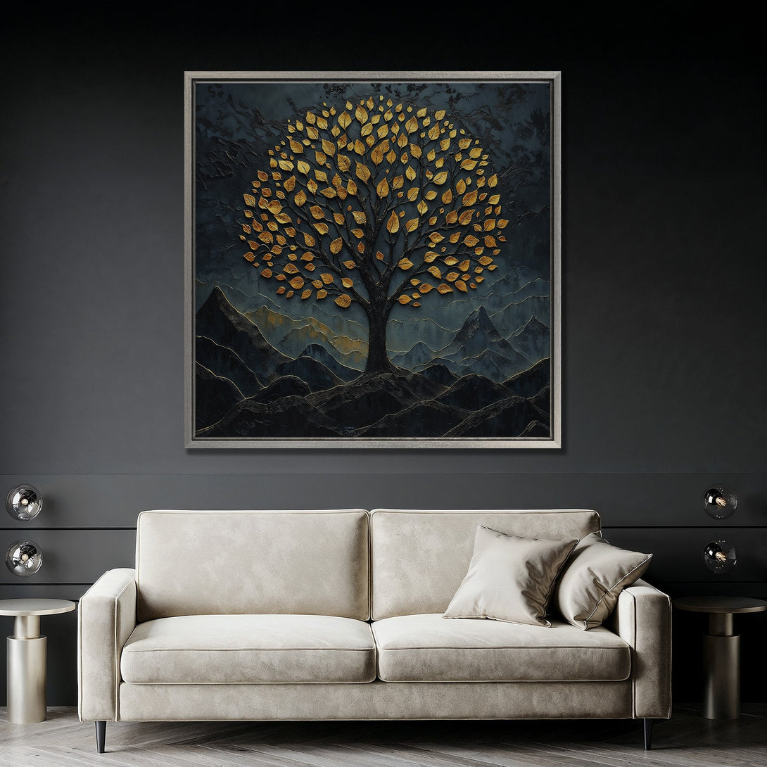 Framed Wall Art: Abstract tree art with gold leaves on a dark blue background. Modern style, perfect for living room decor. Gold and blue color palette.