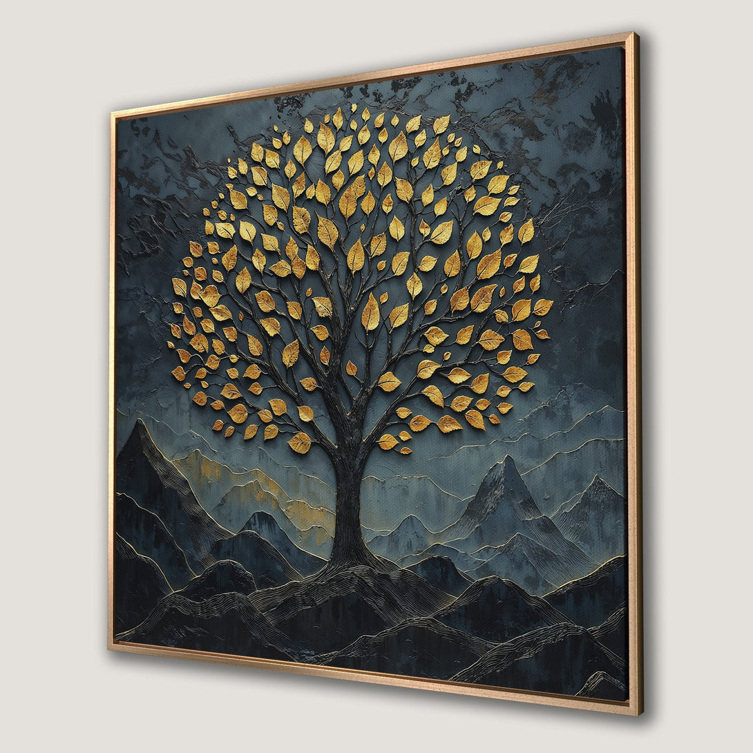 Framed Wall Art featuring a textured gold leaf tree against a dark blue and gold mountain landscape. Modern art for home decor.