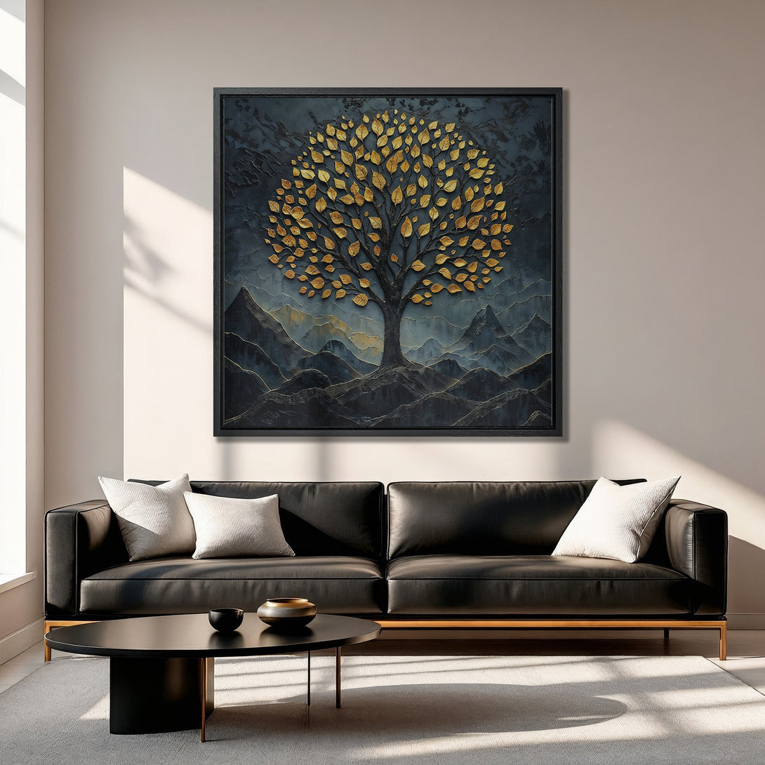 Framed Wall Art: Stunning gold leaf tree art on a dark blue textured background. Adds a touch of luxury to any space. Perfect for modern home decor.