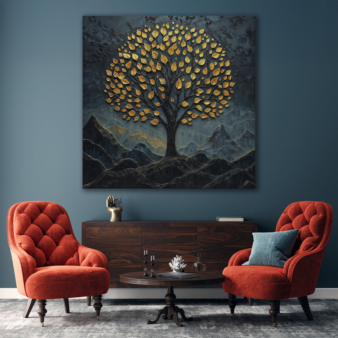 Framed Wall Art: Abstract tree painting in gold and teal. Modern decor, perfect for living room or bedroom. Enhance your space with stylish art.