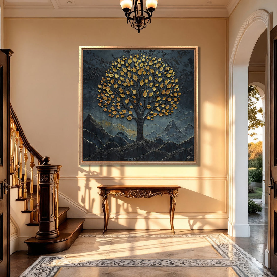 Framed Wall Art: Gold leaf tree canvas print in a luxurious interior. Features a dark blue, gold, and neutral color palette. Perfect for adding elegance to any space.