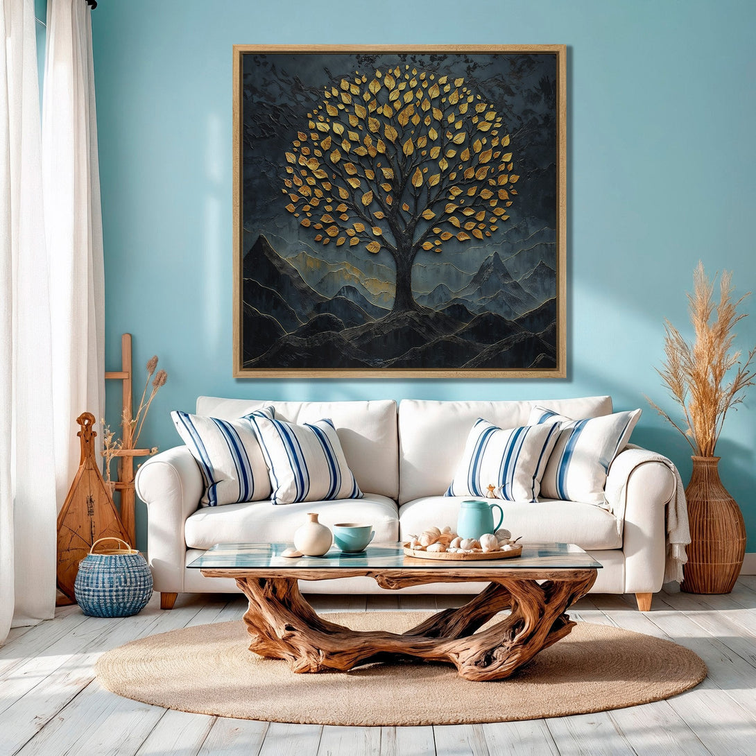 Framed Wall Art: Gold leaf tree canvas print in a modern living room. Features a dark blue and gold color palette, perfect for adding a touch of elegance.