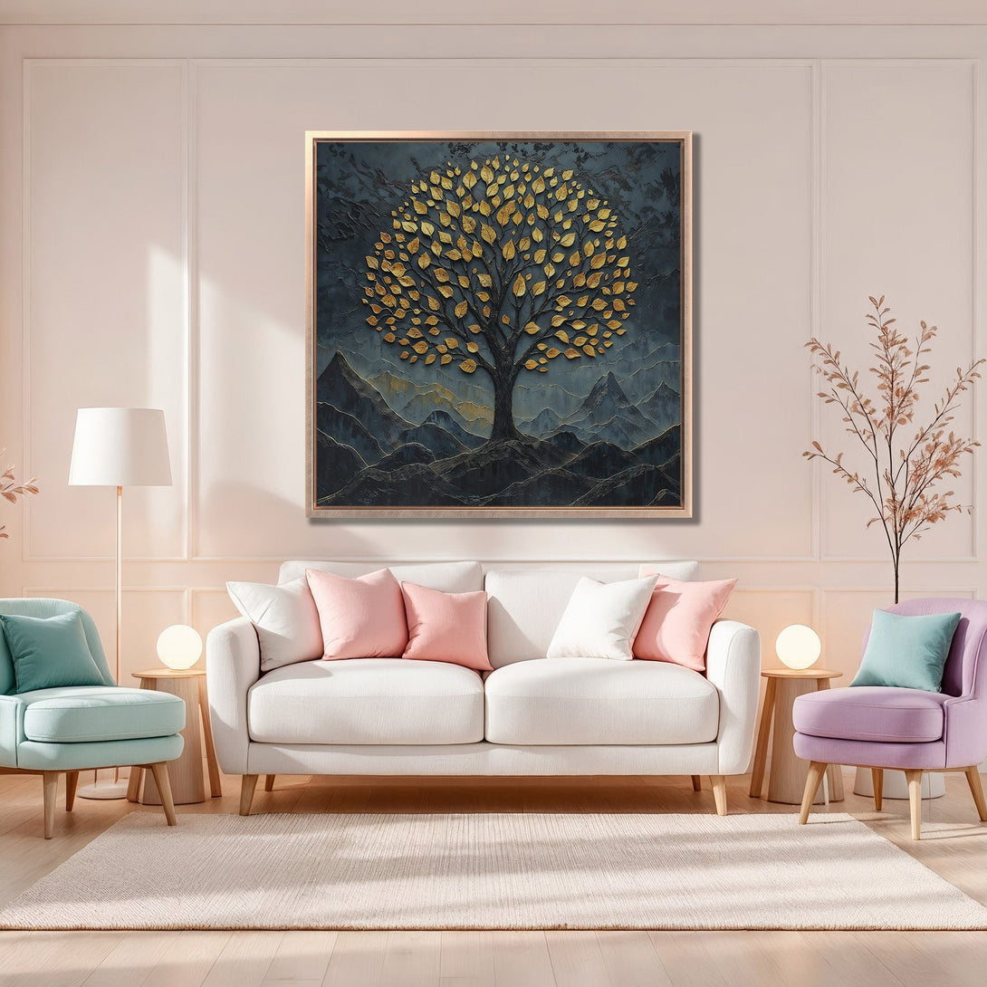 Framed Wall Art: Gold leaf tree on dark textured background. Modern, elegant decor with a calming blue, gold, and neutral color palette. Perfect for living rooms.