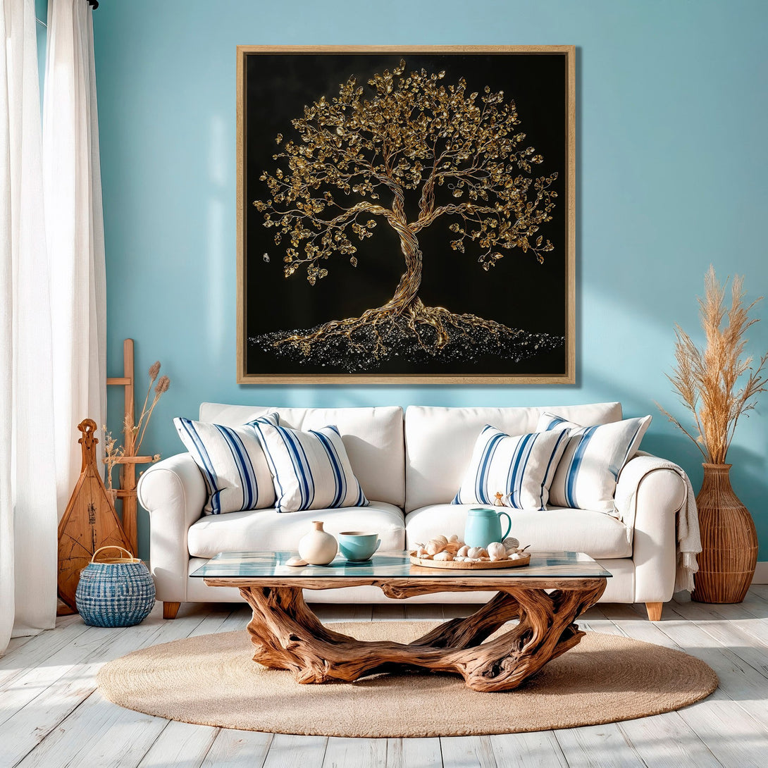 Framed Wall Art: Stunning gold tree art on black canvas. Modern, elegant design with a teal and gold color palette. Perfect for living room decor.