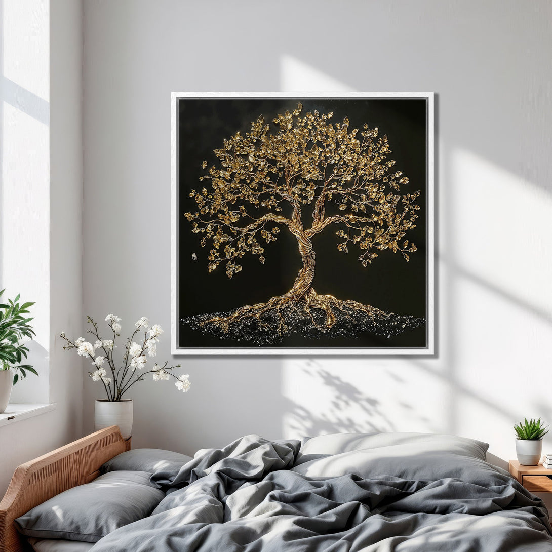 Framed Wall Art: Stunning golden tree art print on black background. Adds a touch of luxury to any space. Perfect for bedroom decor.