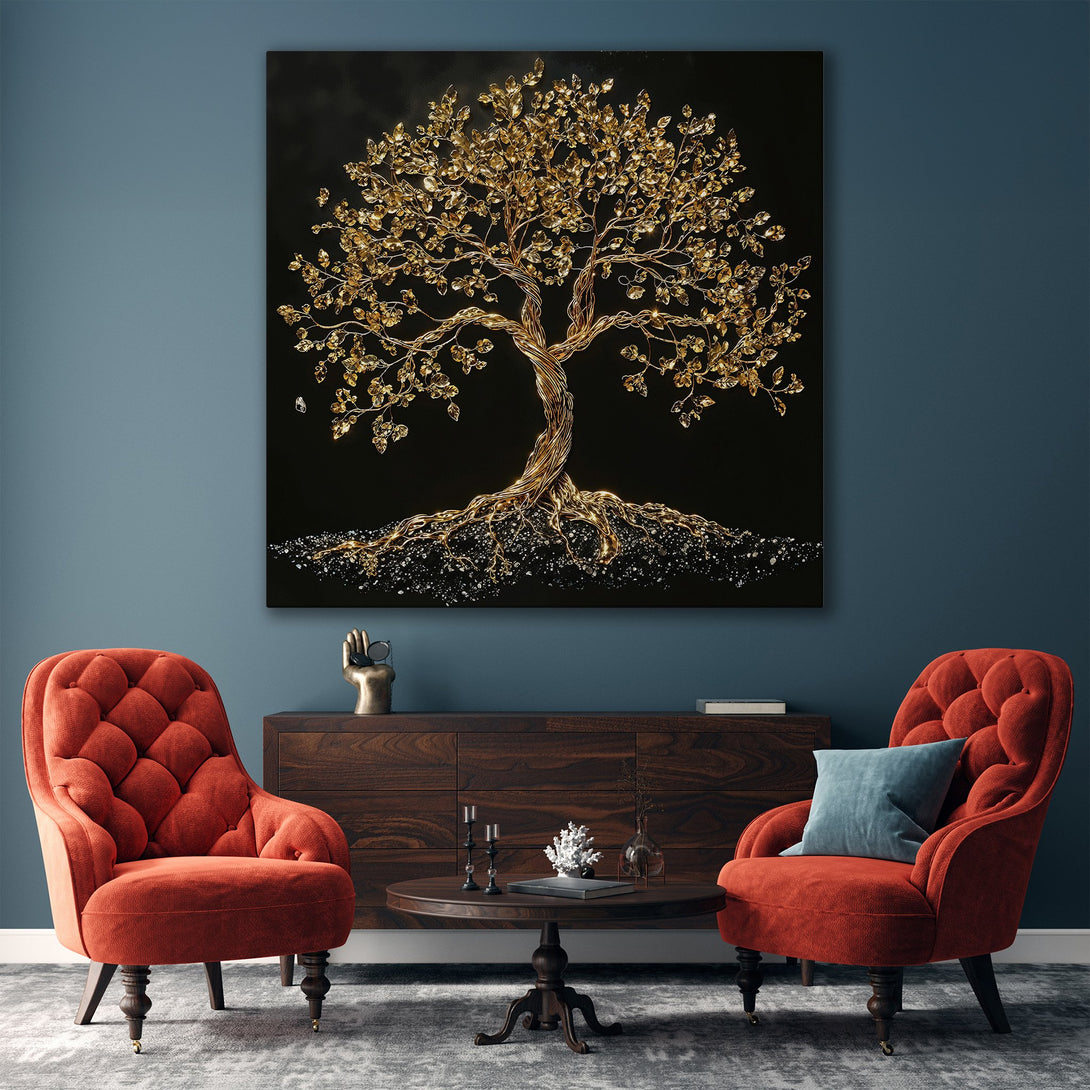Framed Wall Art: Stunning gold tree artwork on black background. Adds elegance to any space. Luxurious gold and black color palette. Elevate your home decor!
