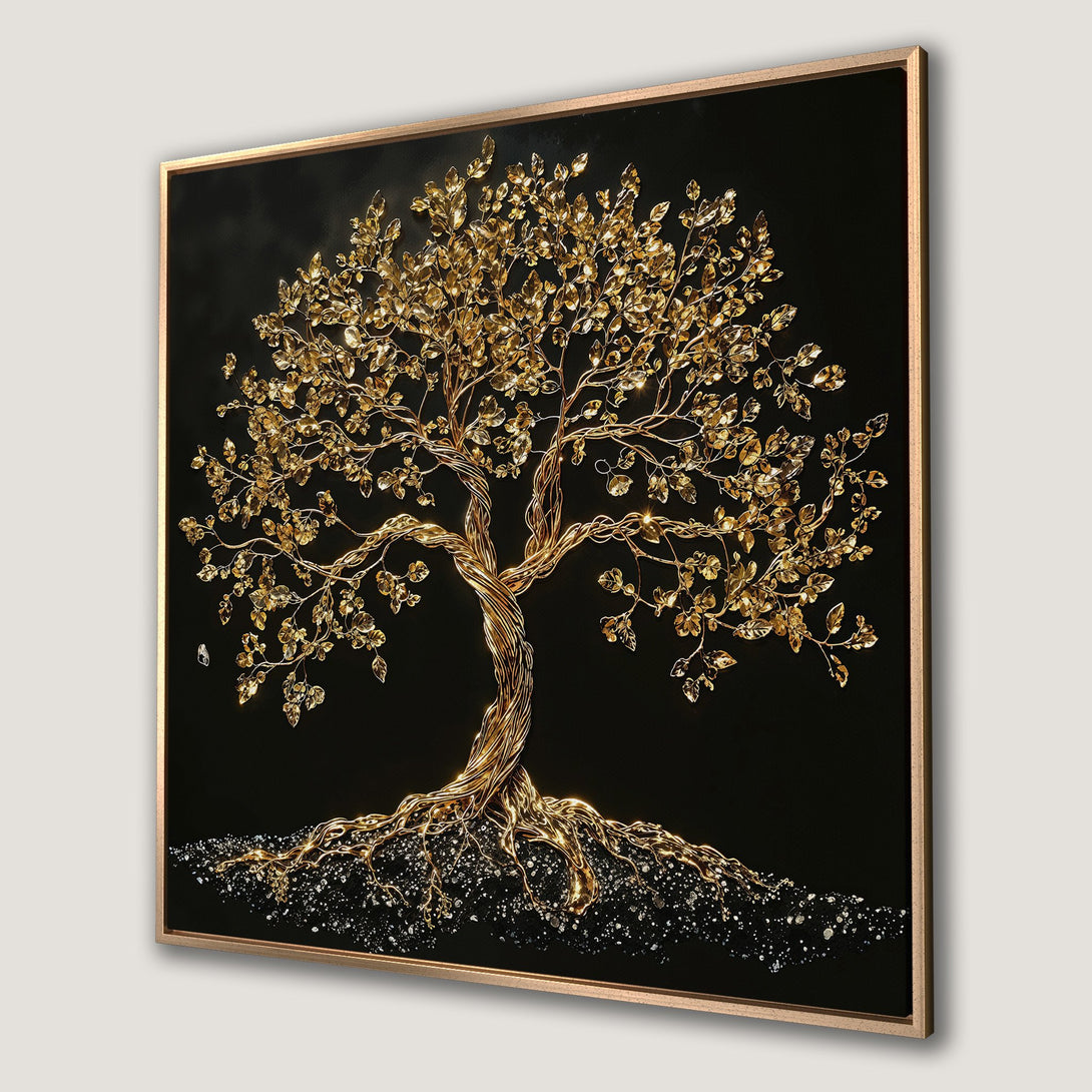 Framed Wall Art: Stunning golden tree art print on black. Modern, elegant decor with a luxurious gold and black color palette. Elevate your home!