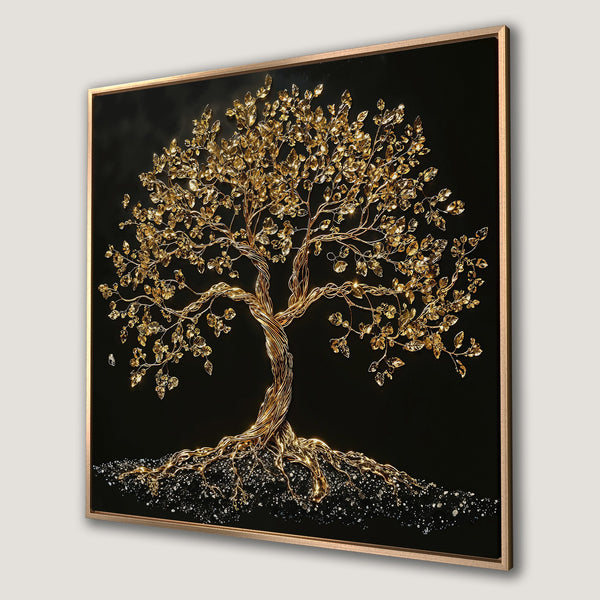 Framed Wall Art: Stunning golden tree art print on black. Modern, elegant decor with a luxurious gold and black color palette. Elevate your home!