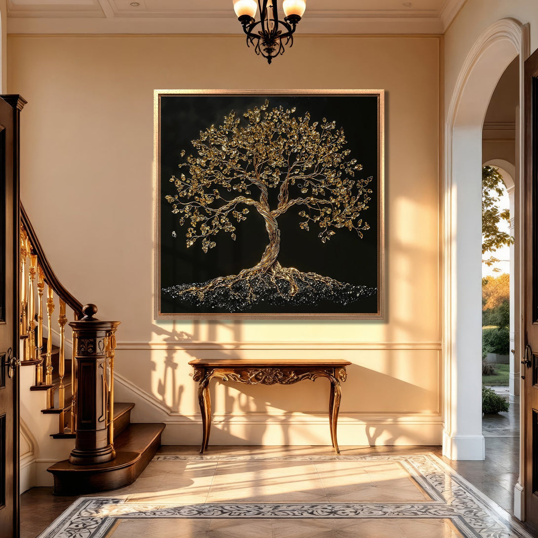 Framed Wall Art of a golden tree on a black background, displayed in a luxurious interior. Warm, neutral color palette. Perfect for elegant home decor.