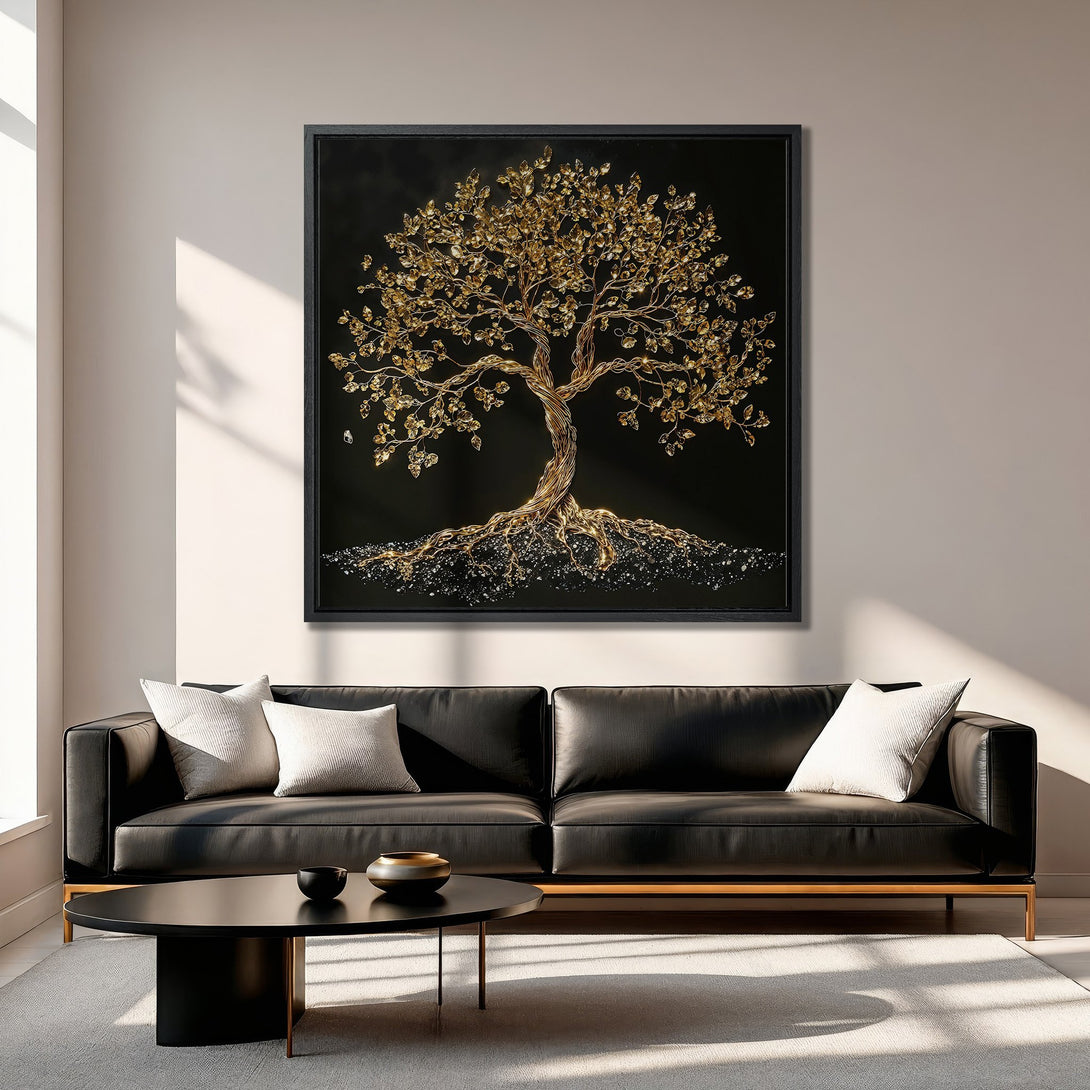 Framed Wall Art: Stunning gold tree art on black background. Modern style, neutral color palette. Perfect for living room decor.