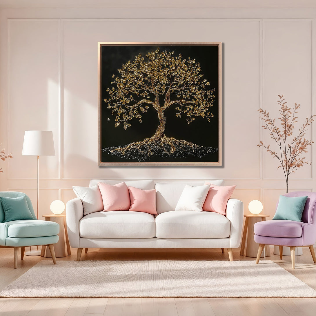 Framed Wall Art featuring a golden tree on a black background. Modern, elegant Canvas Print with a warm, neutral color palette, perfect for home decor.