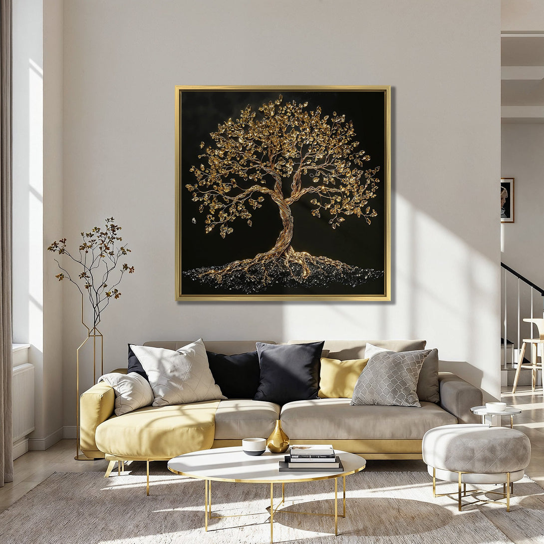Canvas Print of a golden tree on black, displayed in a teal interior. Luxurious wall art with a gold and black color palette.