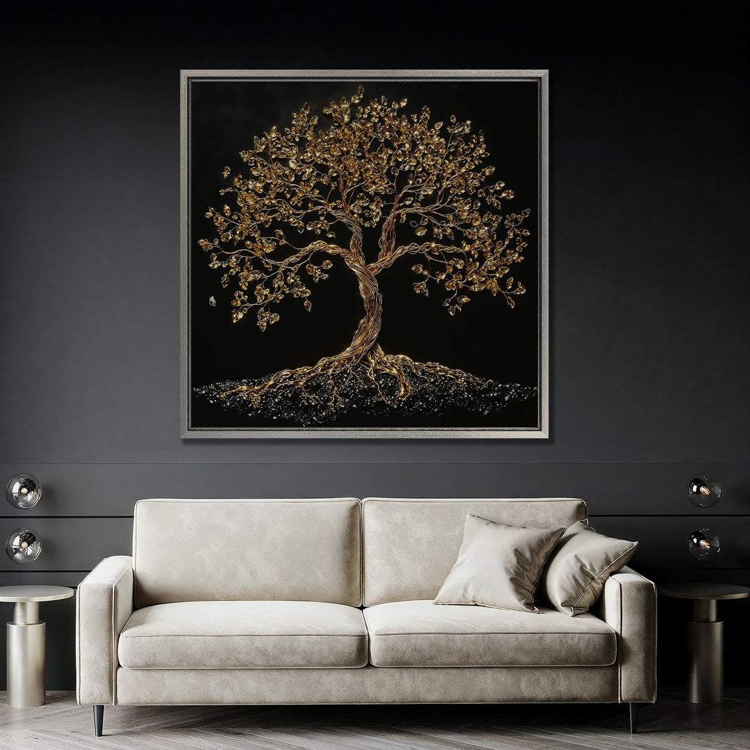 Framed Wall Art: Stunning gold tree artwork on black background. Modern style, neutral color palette. Perfect for living room decor.