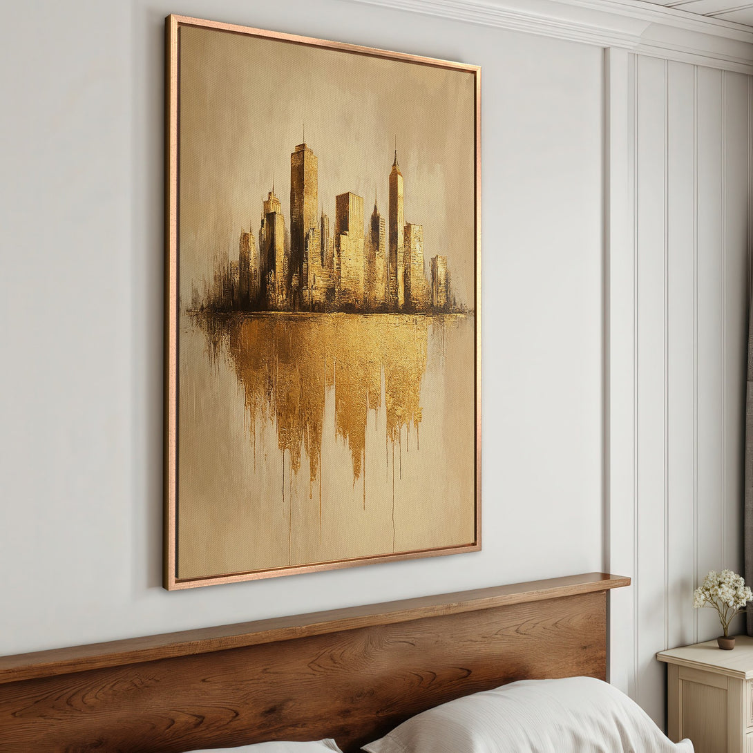 Framed Wall Art: Abstract gold cityscape canvas print, modern style, warm neutral color palette, perfect for bedroom decor.