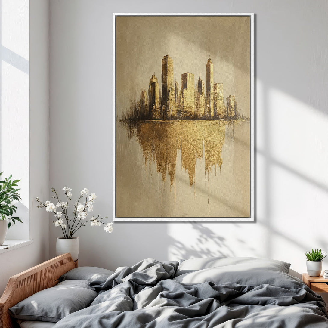 Framed Wall Art of a golden cityscape. Abstract style with a warm, neutral color palette. Perfect for modern bedroom decor.