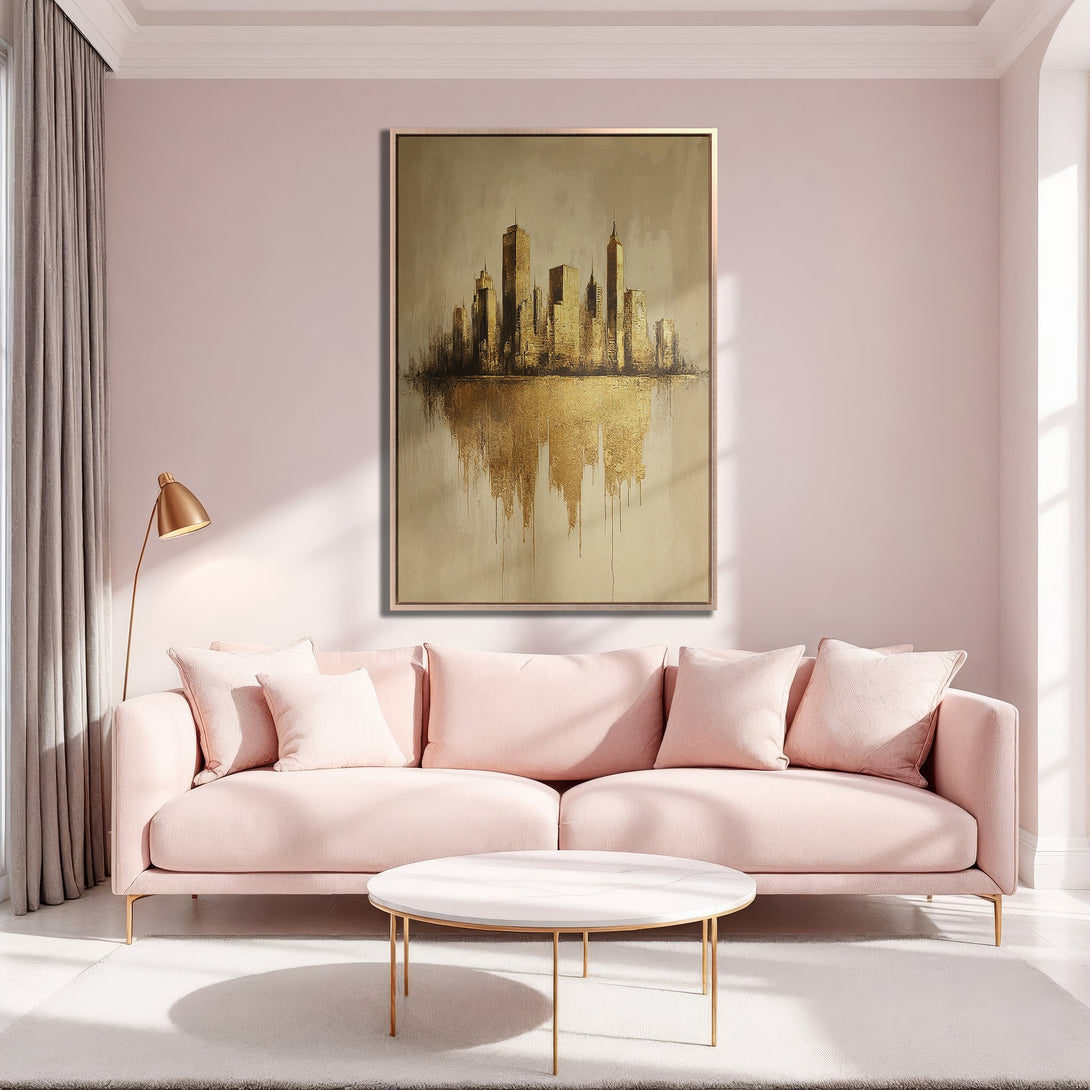 Framed Wall Art of a golden cityscape, modern abstract style. Warm gold and beige tones complement a pink interior, creating a stylish and inviting space.
