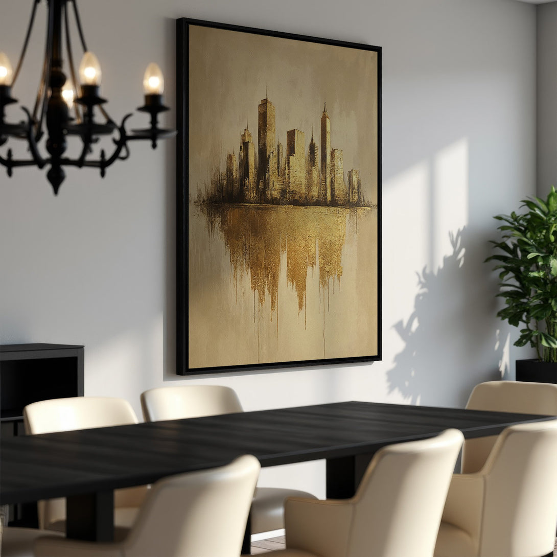 Framed Wall Art featuring a golden cityscape painting, perfect for adding a touch of modern elegance to your dining room. Warm, neutral color palette.
