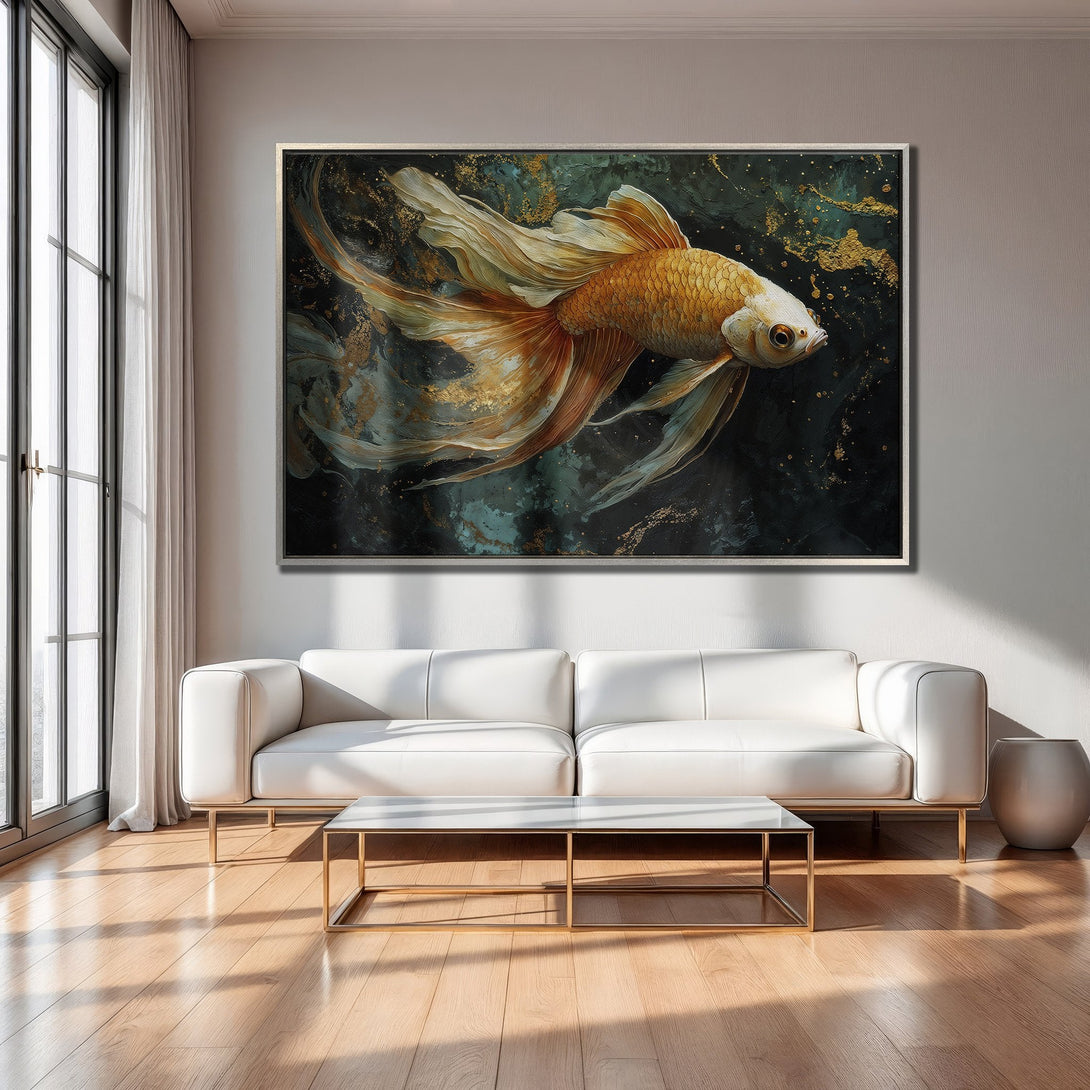 Framed Wall Art: Stunning golden koi fish painting in a modern living room. Features a dark, teal, and gold color palette. Elevate your space!
