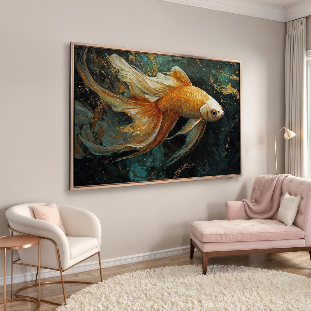 Framed Wall Art: Goldfish Canvas Print. Abstract style with teal, gold, and orange hues. Perfect for adding a touch of elegance to your home decor.