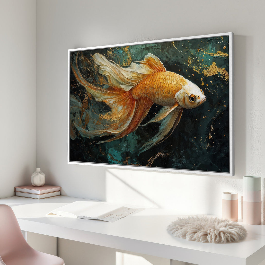 Framed Wall Art: Stunning goldfish painting in teal, gold, and orange. Add elegance to your space with this beautiful canvas print. Shop now!