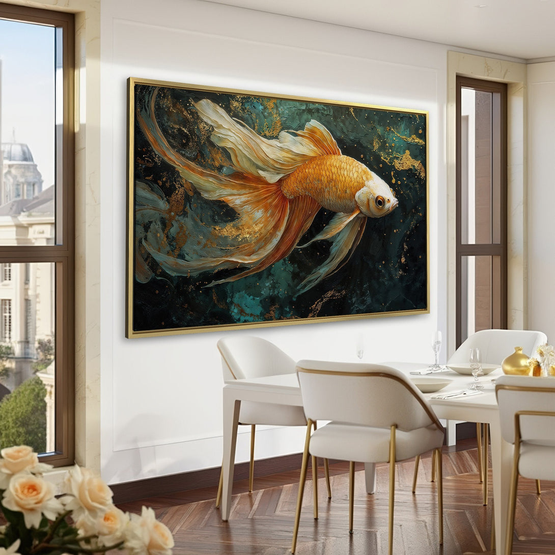 Canvas Print of a golden koi fish artwork in a luxurious interior. Features a dark, moody color palette with gold accents. Perfect wall art for any space.