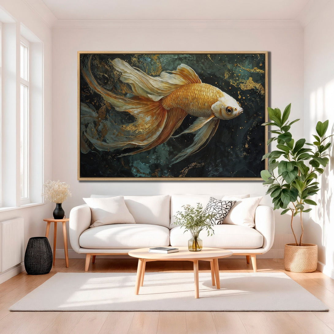 Framed Wall Art: Goldfish painting in a modern living room. Abstract style with gold, teal, and black color palette. Elevate your space with this stunning artwork.