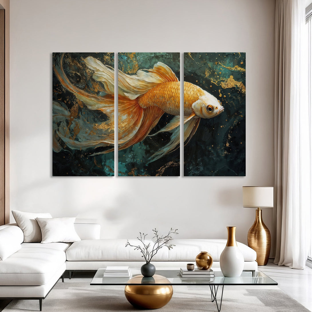 Goldfish Canvas Print, abstract art in teal and gold. Modern home decor featuring a stunning aquatic scene. Add elegance to your space!
