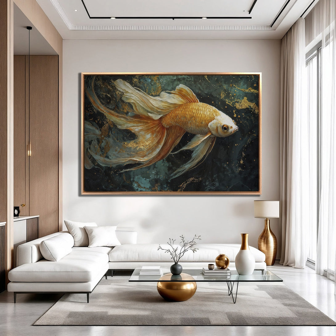 Framed Wall Art: Goldfish painting in a luxury interior. Elegant, modern style with gold, teal, and black color palette. Elevate your space!