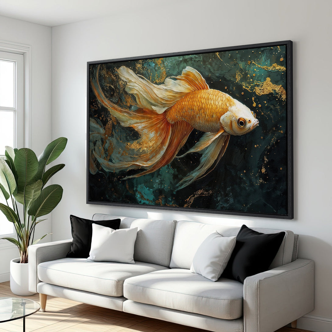 Framed Wall Art featuring a stunning golden fish. Modern, artistic Canvas Print with a teal, gold, and orange color palette, perfect for living room decor.