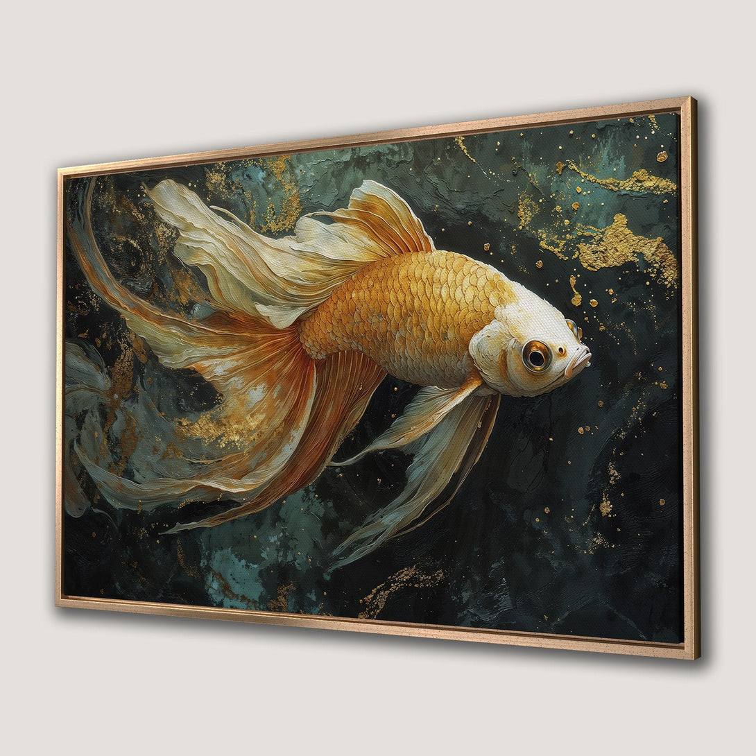 Framed Wall Art: Elegant gold fish painting on dark teal canvas. Adds a touch of luxury and sophistication to any space. Perfect wall decor.