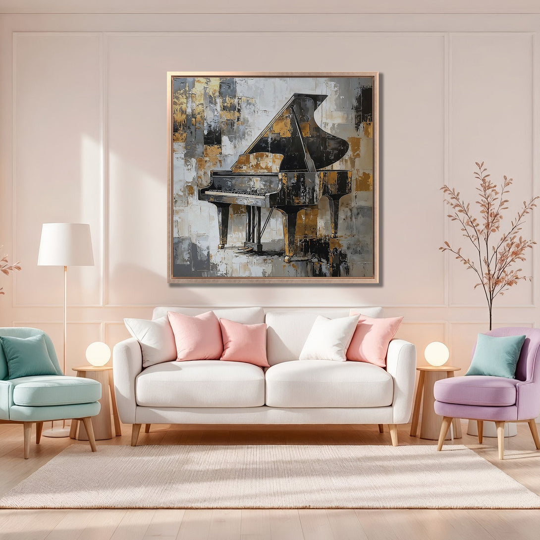 Framed Wall Art: Abstract piano painting in gold, gray, and black. Stylish canvas print adds elegance to a modern living room with a soft, neutral color palette.