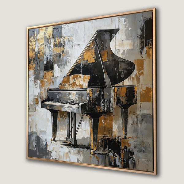 Framed Wall Art: Abstract piano painting with gold, black, and gray palette. Modern art for your home. Elevate your decor with this beautiful canvas print.