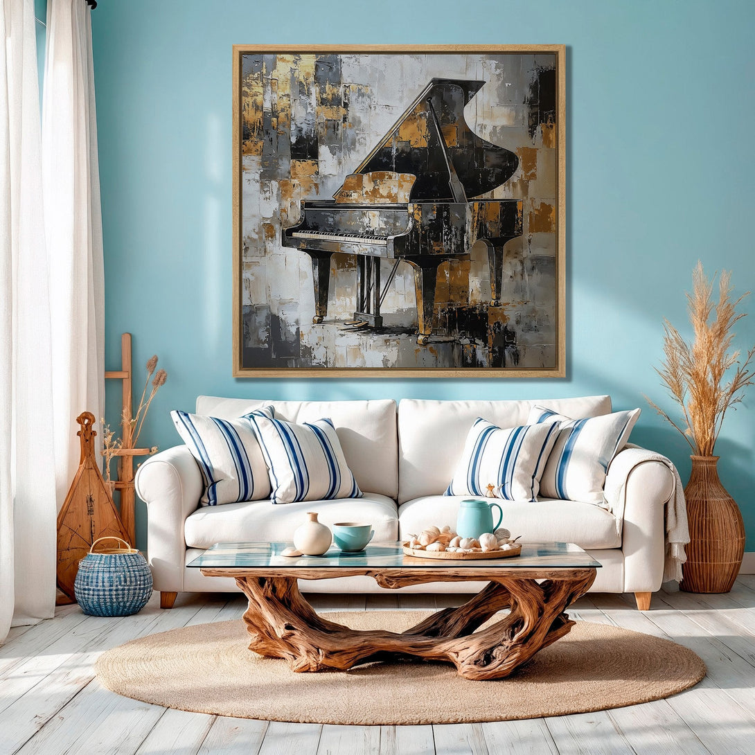 Framed Wall Art: Abstract piano painting in gold, black, and gray. Modern art canvas print with neutral color palette, perfect for living room decor.