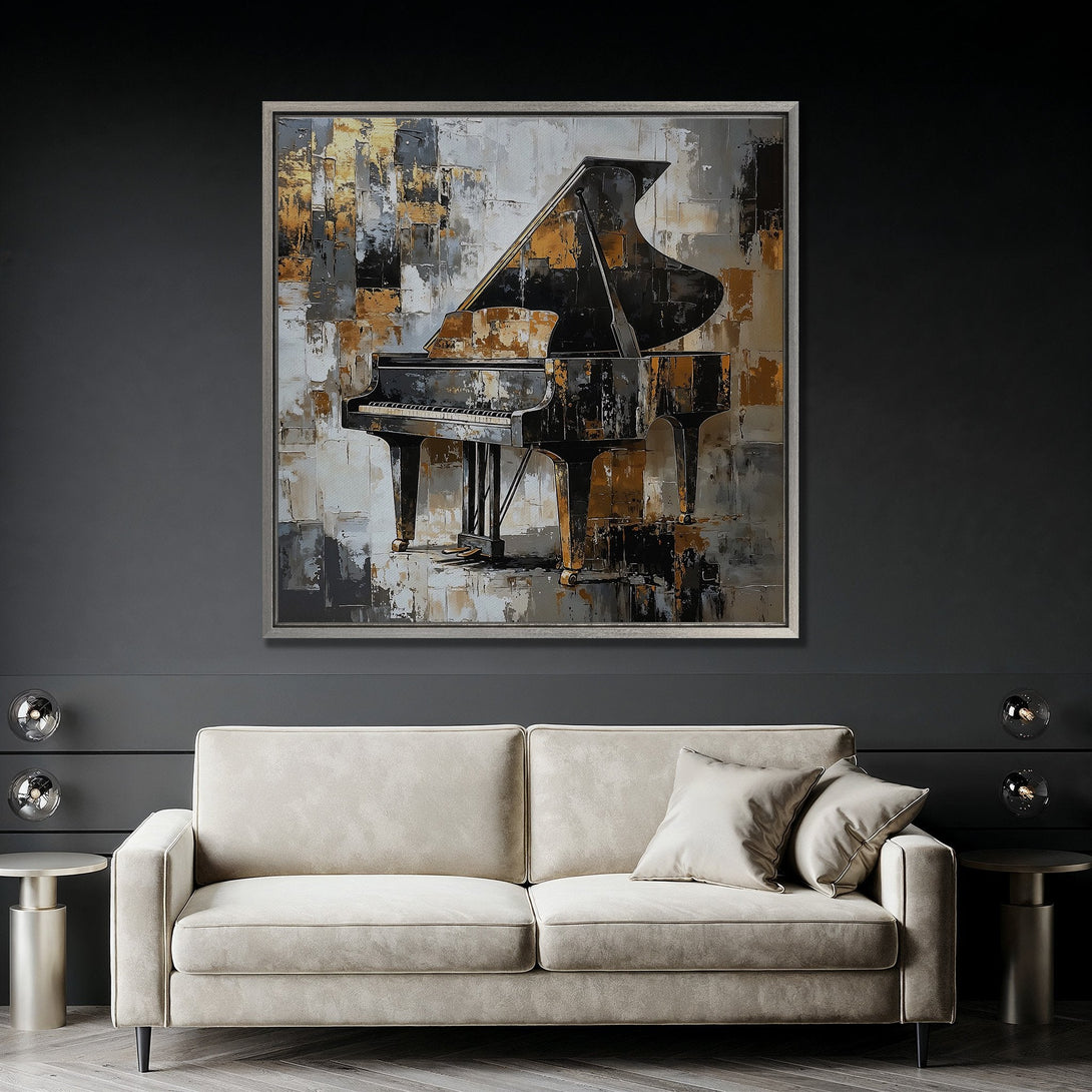 Framed Wall Art of a grand piano in an abstract style with gold, black, and gray tones. Perfect for adding a touch of elegance to any space.