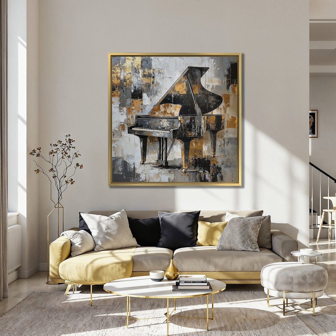 Abstract Canvas Print of a grand piano in a modern interior. Features a black, gold, and gray color palette. Perfect wall art for any music lover.