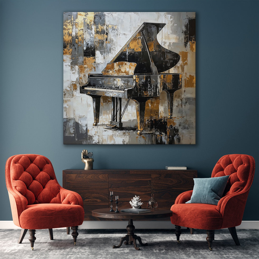 Framed Wall Art featuring an abstract piano painting in a modern interior. Gold, black, and gray color palette. Perfect for living room decor.
