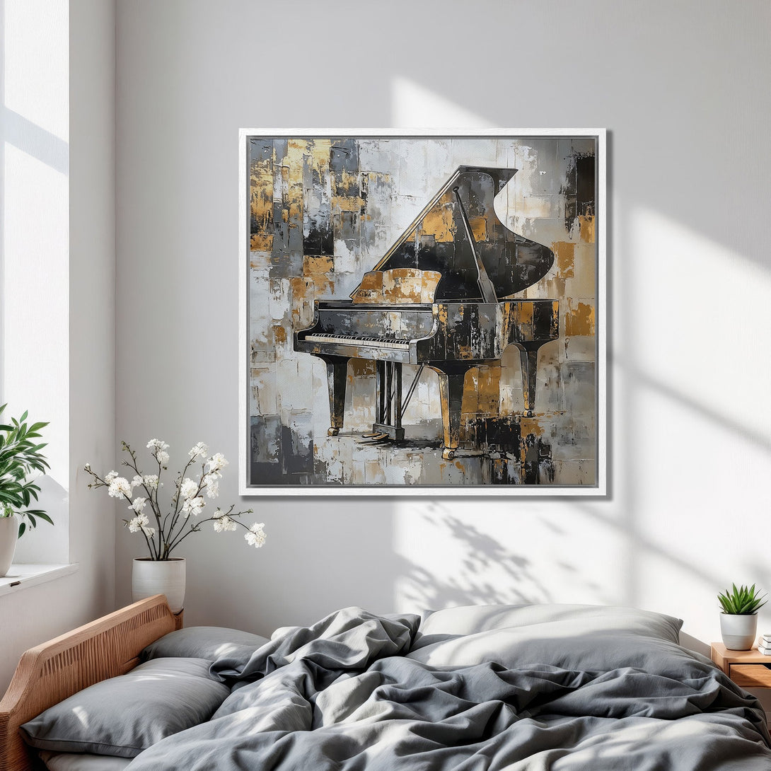 Framed Wall Art: Abstract piano painting in gold, gray & black. Modern art canvas print adds elegance to any bedroom decor. Shop now!